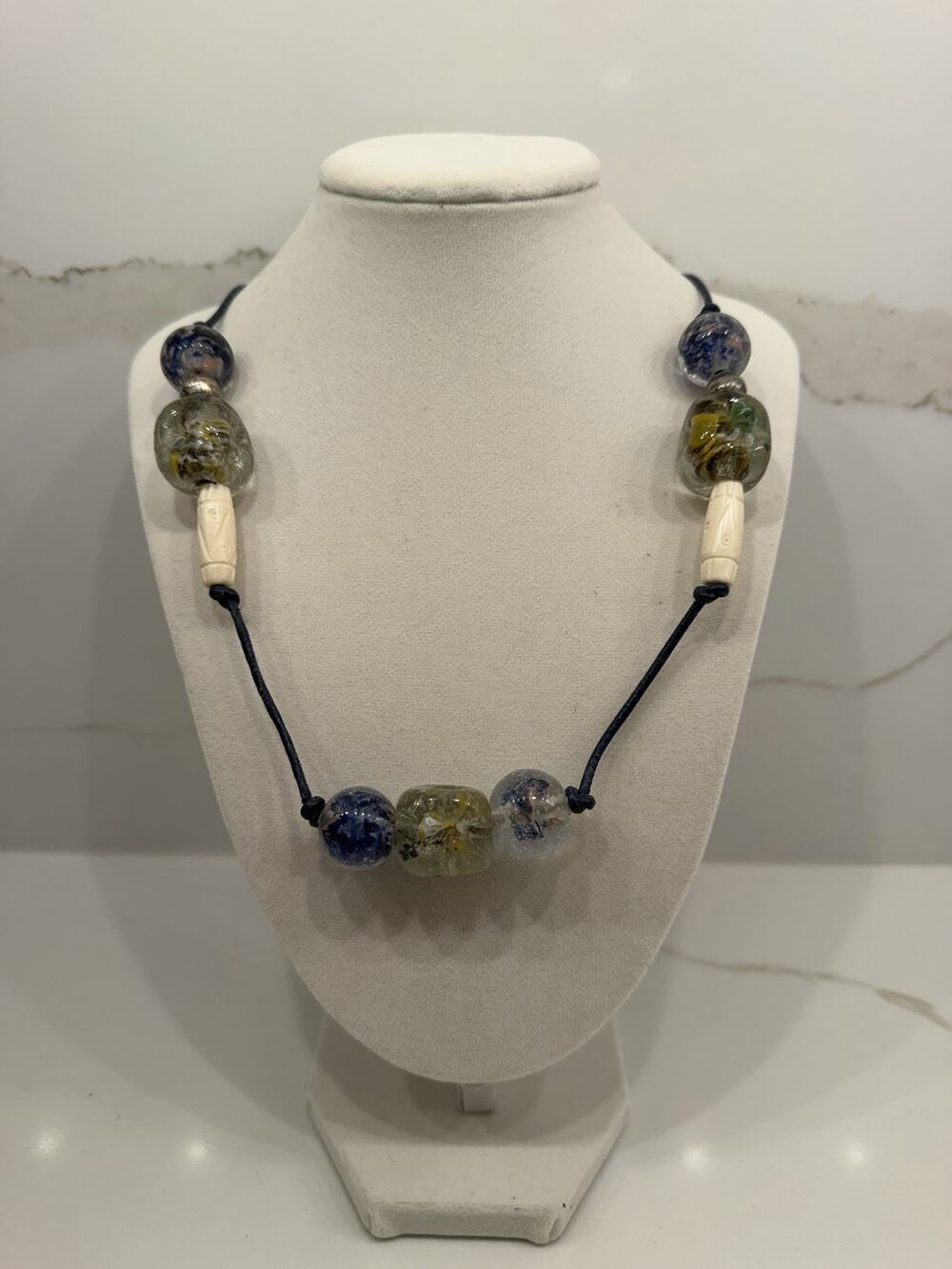 Long Artisan Glass Bead Necklace Blue Multicolor Boho Statement Cord